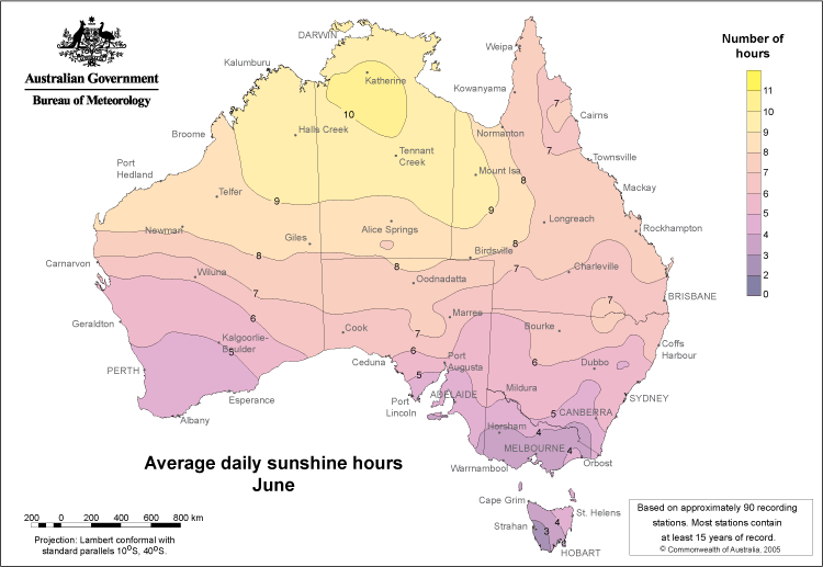 Map of sunshine hours/day annually