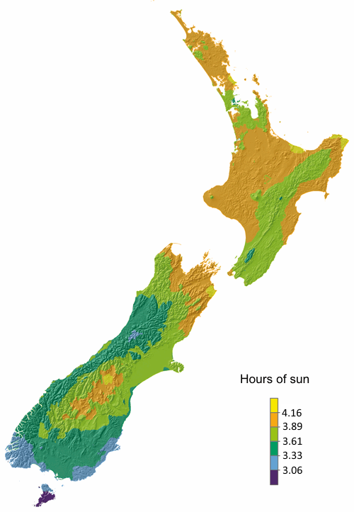 Map of sunshine hours/day annually